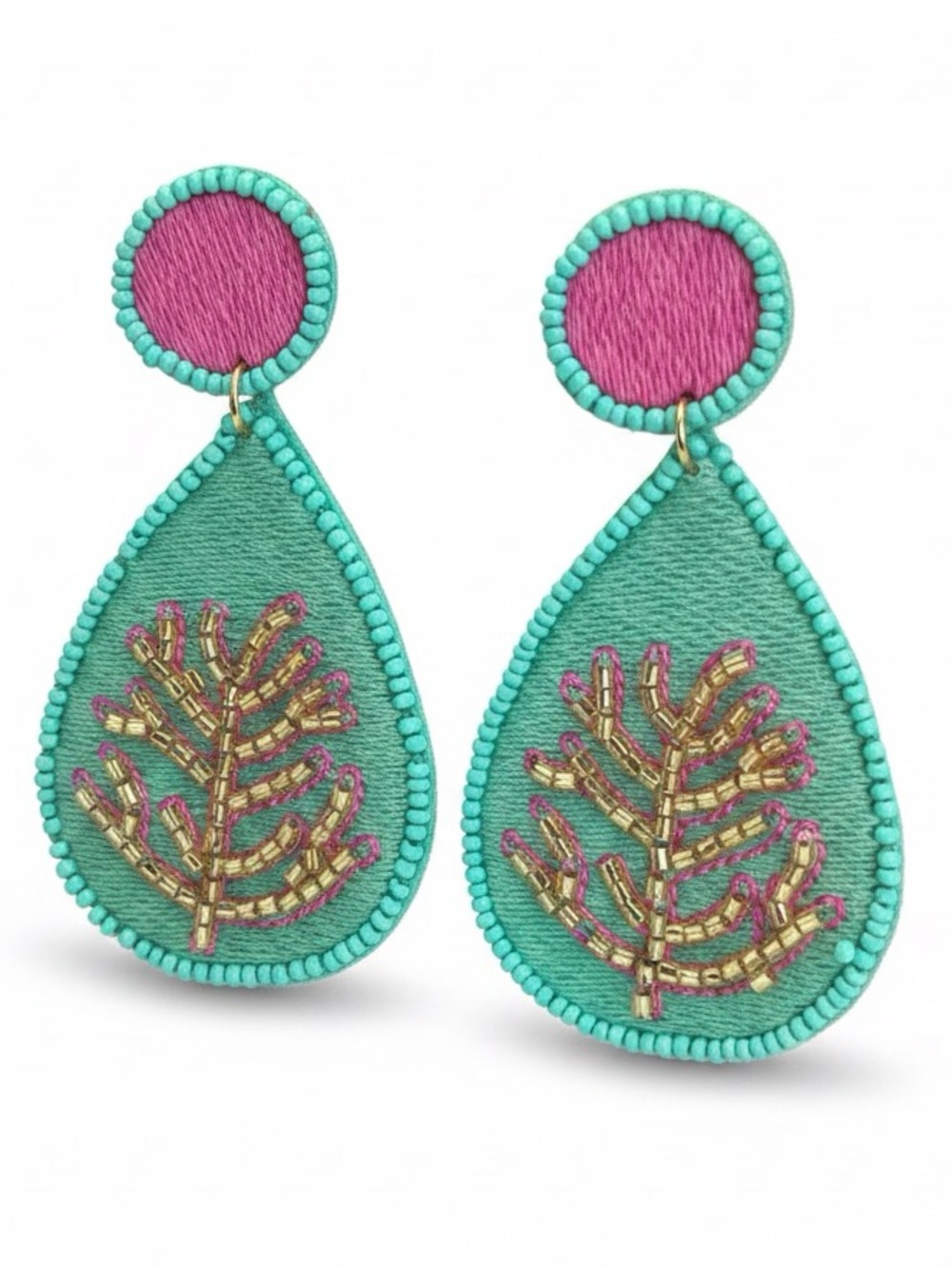 KAY LEE New York Turquoise & Pink Teardrop Embroidered Earrings